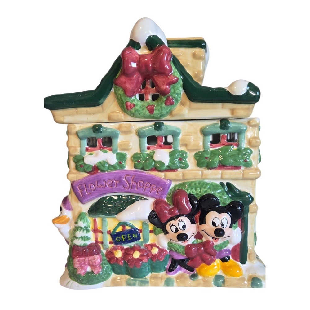 Teleflora Disney Christmas House Ceramic Cookie Jar Mickey Mouse Flower‎ Shoppe